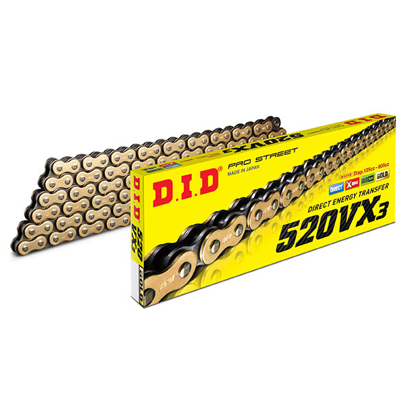 Chaîne DID pas 520 enduro haute résistance avec X-RING 120 maillons -or ribadire 520VX3.120-CLF